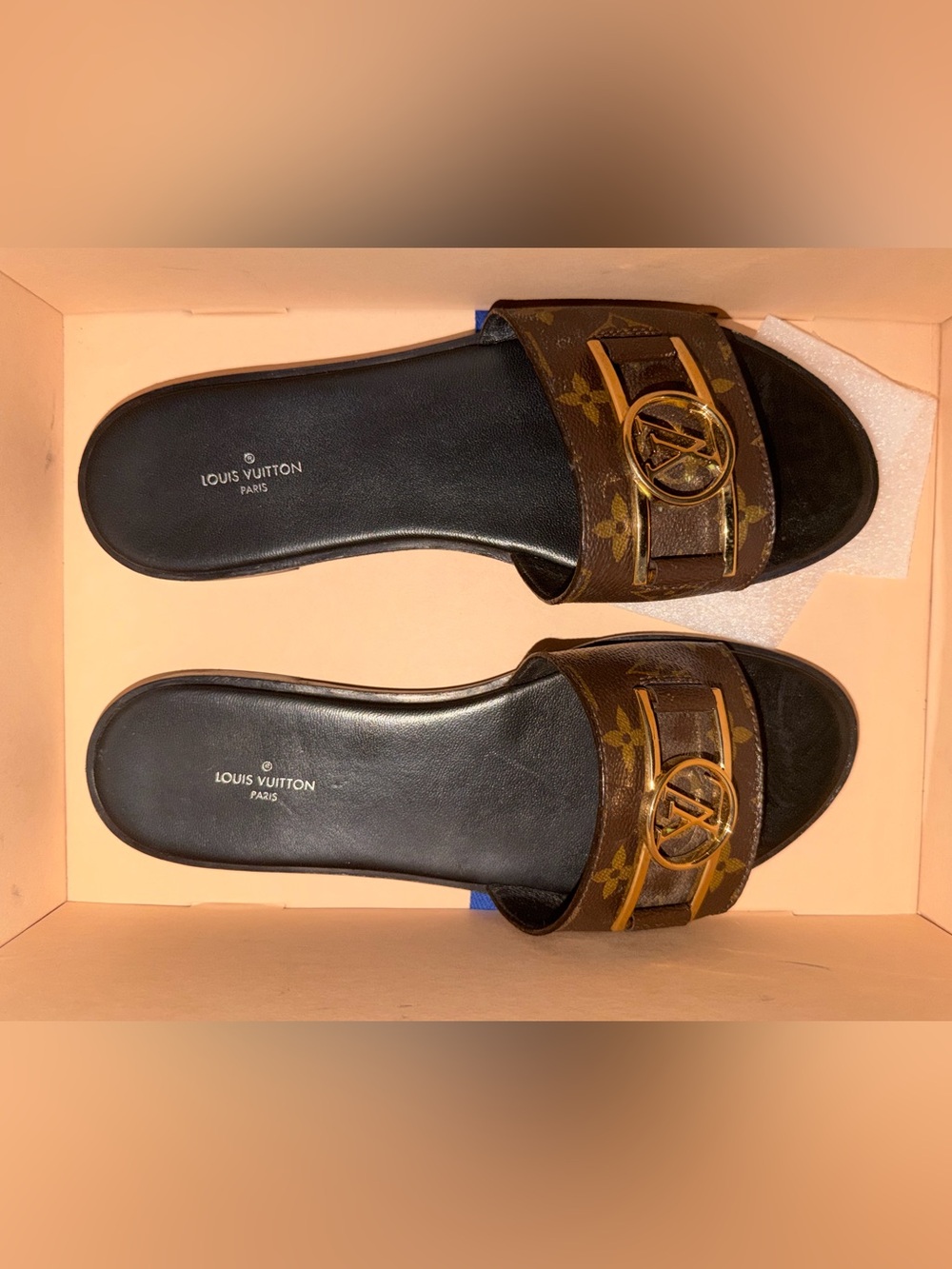 Louis Vuitton Brown Monogram Slide Sandals with Gold LV Accent